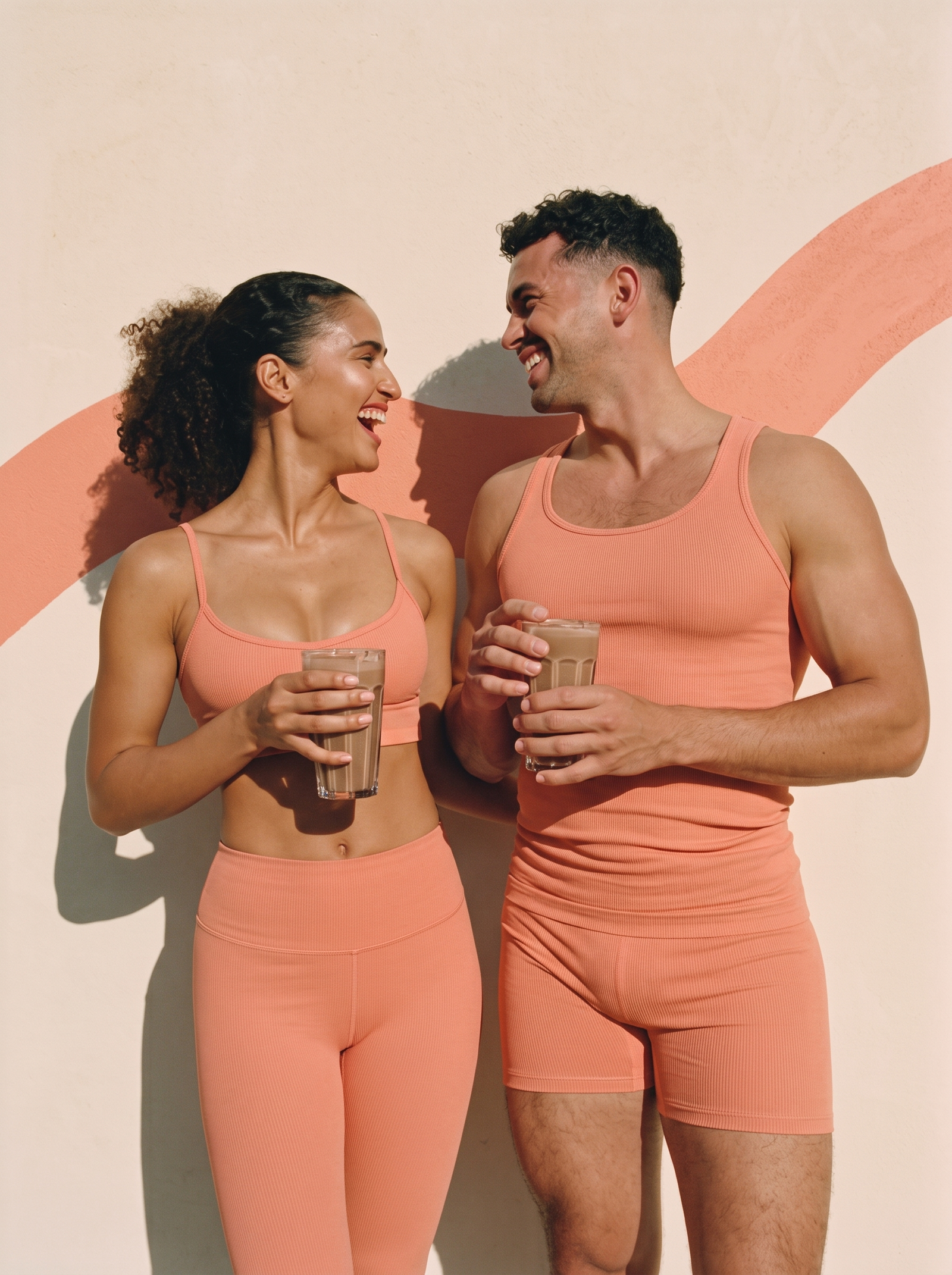 Una donna e un uomo vestiti color corallo ridono, con un bicchiere di shake al cioccolato in mano