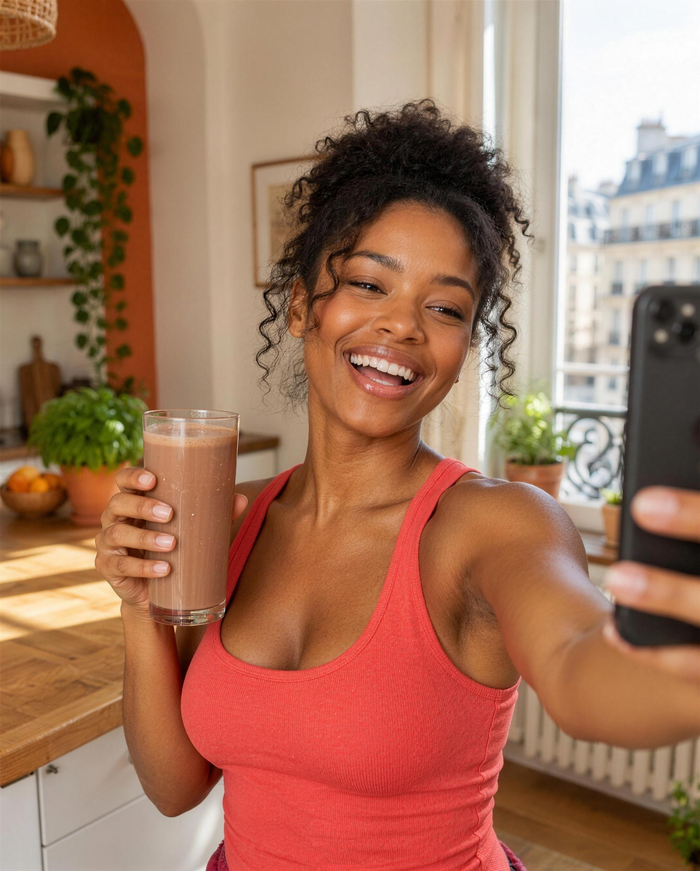 Una donna ride mentre si filma con il telefono, un bicchiere di shake al cioccolato in mano